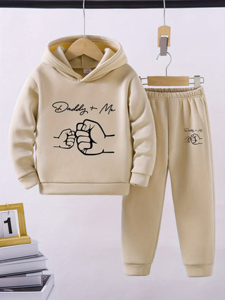 Print Father Son Fist Clash 2Pcs Boys Casual Long Sleeve Hoodie &amp; Sweatpants Set Warm Comfortable Versatile Autumn/Winter/Spring Daily Wear &amp; Outdoor Activities Clothes 