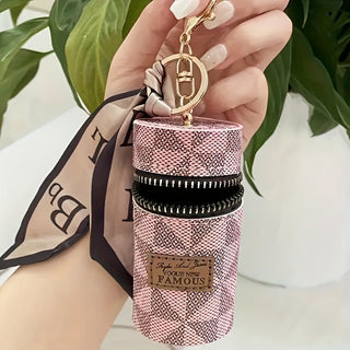 Women's PU Leather Embossed Keychain Bag with Hijab Trim, Round Coin Purse with Zipper, Wedding or Festival Gift, Anime Theme Key Ring with Ring Clasp - 1pc 