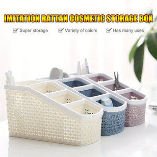 4-Compartment Bamboo Imitation Plastic Organizer - Multi-Purpose Office Shaving Makeup Storage Rack for Cosmetics, Skincare, Stationery, Tools - Non-Food Contact Decorative Basket 