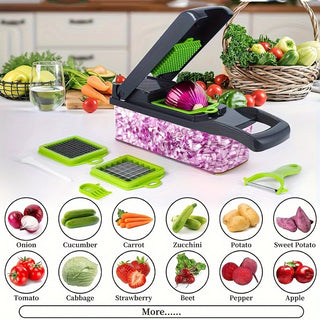 1 Set, 16 in 1 Vegetable Chopper with 8 Blades, Bowl, Peeler and Strainer, Portable Kitchen Cutter for Onion, Carrot, Garlic, Kitchen Supplies 