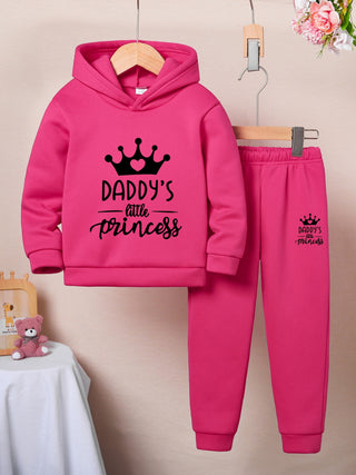 2pcs Girls Set Pink Crown Pattern Sweatshirt and Casual Knitted Pants Loose Fit Polyester Stretchy Fabric Kids Autumn/Winter Fashion Outdoor 