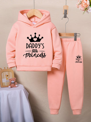 2pcs Girls Set Pink Crown Pattern Sweatshirt and Casual Knitted Pants Loose Fit Polyester Stretchy Fabric Kids Autumn/Winter Fashion Outdoor 