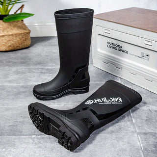 Men's High Top Rain Boots, Slip-On with Elastic Strap, Solid Color PVC Upper, PVC Sole and Lining, Canvas Insole, Outdoor Rain Hunting Gear - Not Over The Knee Long Boots 