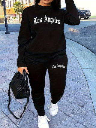 Los Angeles Letter Print Sweatshirt and Jogger Set - 100% Polyester Knitted Fabric for Women Casual Sportswear, Slightly Stretchy, Fall/Winter Season Lash Sets 