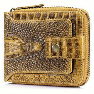 Genuine Leather Vintage Crocodile Embossed Wallet for Men - Thick, Multi Card Holder with Zipper and Coin Purse, Light Brown 