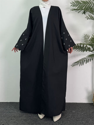 Elegant Moon Embroidered Long Abaya - Solid Color Loose Maxi Dress for Women | Polyester, Non-Stretch Fabric | Perfect for Ramadan and Casual Wear 