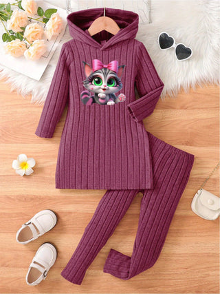 Girls' Cartoon Print Hooded Dress and Leggings Set - Knitted Fabric, Machine Washable - Perfect for Fall/Spring 