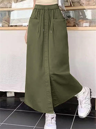 Elastic Waist Long Skirt with Pockets - Women's Casual A-line Skirt, 100% Polyester, Non-Stretch, Straight Fit, Korean Inspired, Open Hem, Suitable for Spring/Summer/Autumn 