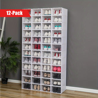 12 Pack Plastic Shoe Storage Boxes - Multi-Purpose, Waterproof, Stackable with Clamshell Closure - Dustproof Clear Shoe Rack for Home Use Buy Six, Get Six Free 