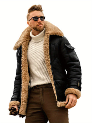 Men's Zip Up Leather Jacket Polar Fleece Long Sleeve Contrast Pockets Notched Collar Casual Coat 