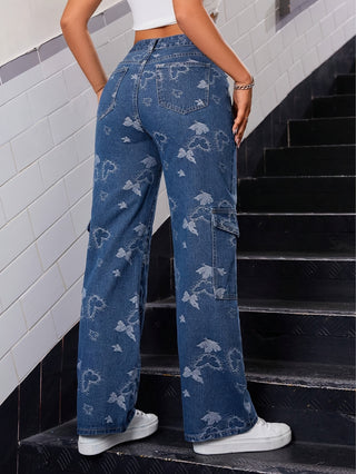 Loose Fit Straight Jeans with Side Pocket Butterfly Print All Over, Streetwear Loose Cargo Jeans, Women's Jeans and Clothing 