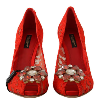 Dolce &amp; Gabbana Red Crystal Taormina Lace Heels Pumps