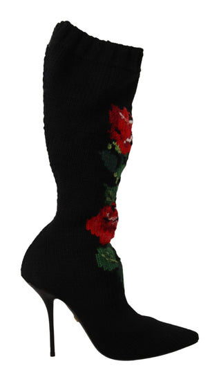 Dolce &amp; Gabbana Elegant Sock Boots with Red Roses Detail