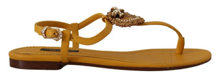 Dolce &amp; Gabbana Mustard T-Strap Flat Sandals with Heart Embellishment