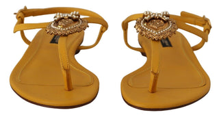 Dolce &amp; Gabbana Mustard T-Strap Flat Sandals with Heart Embellishment