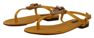 Dolce &amp; Gabbana Mustard T-Strap Flat Sandals with Heart Embellishment