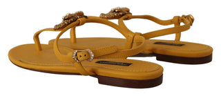 Dolce &amp; Gabbana Mustard T-Strap Flat Sandals with Heart Embellishment