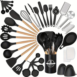 43 Piece Set, Silicone Kitchen Utensil Set, Heat Resistant Non-Stick Cooking Spoon Set with Wooden Handle for Baking, Cooking, Mixing, Best Kitchen Tools with Holder, Kitchen Gadgets 