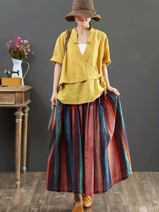 Plus Size Multicolor Striped A Line Skirt Elastic Waist Long Skirt Spring Summer Vacation Style Plus Size Women Clothing 