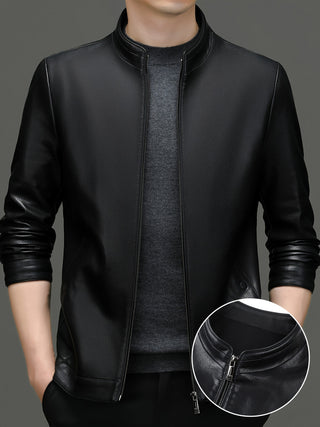 Men's Solid Faux Leather Jacket with Pockets, Casual Stand Collar Zipper Long Sleeve Outdoor Outerwear 