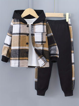 2Pcs Boys Casual Long Sleeve Plaid Hooded Sweatshirt and Jogger Pants Kids Clothes 