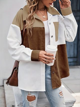 Color Block Long Sleeve Collar Shirt Casual Loose Sleeve Single Pocket Shirt Women Clothing 