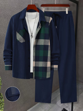 Men's 2 Piece Set, Long Sleeve Button Down Plaid Shirt and Drawstring Pants Comfortable and Breathable 