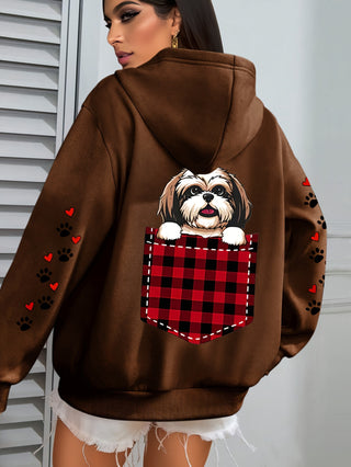 Plus Size Cozy Dog Print Hoodie Long Sleeve Pocket Sweatshirt Women's Fashion Autumn Winter Sweatshirt 