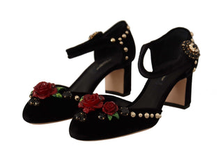 Dolce &amp; Gabbana Black Crystal Rose Heel Sandals