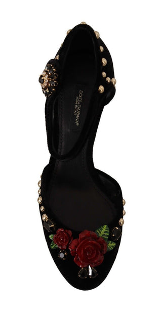 Dolce &amp; Gabbana Black Crystal Rose Heel Sandals