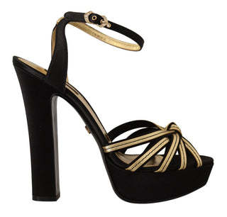 Dolce &amp; Gabbana Elegant Black Gold Ankle Strap Heels Sandals