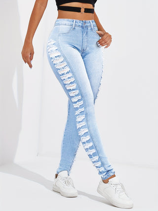 Women's High Waist Slimming Skinny Jeans - Stretch Denim, Frayed Details, Versatile Casual Pencil Style, Machine Washable 