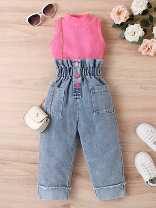 Girls Sleeveless Button Down Shirt and Paper Waist Jeans Set for Party, Gifts, Outdoors 