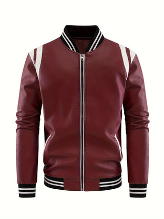 Men's stylish and comfortable vintage style color matching leather jacket with pockets, comfortable baseball collar and long sleeves with zipper closure, suitable for street walking and city walking 