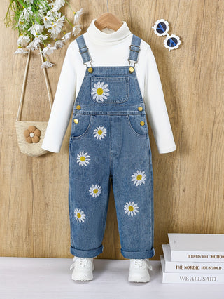 Girls' Breathable Cute Daisy Embroidery Cotton Jeans for Spring Summer Outdoor 