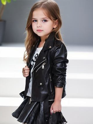 Girl's PU Leather Motorcycle Jacket, Cool and Fashionable Zip Label Jackets for Autumn/Winter 