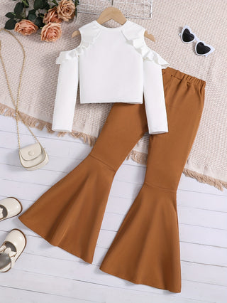 Stylish Girls 2 Pieces Cold Shoulder Long Sleeve Top + Wide Leg Pants Set for Spring Autumn Gift, Girls Outdoor Activities 