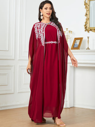 Luxury Embroidered Maxi Dress and Hijab Set - Batwing Sleeves, Belted Waist, Polyester - Perfect for Ramadan and Casual Wear 