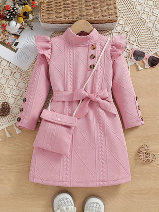 Elegant Little Girls Dress with Button Design and Long Sleeve, Gift for Spring, Autumn and Winter 