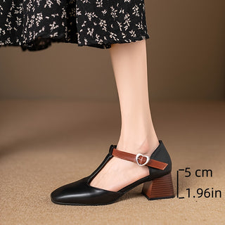 Women's Solid Color Elegant Thick Heel Sandals with Ankle Strap and T-Strap Square Toe Casual Shoes 