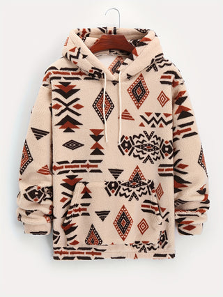 Geometric Pattern Ethnic Style Men's Loose Polar Fleece Hoodie Winter Autumn Hooded Sweatshirt with Drawstring and Zipper Kangaroo Pocket 