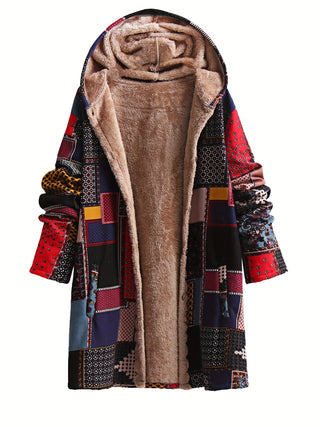 Bohemian Style Patchwork Wool Lined Long Sleeve Button Hooded Coat with Pockets Plus Size 