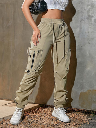 Women's High Waist Cargo Pants with Drawstring - Functional and Stylish, Soft Polyester, Multi-Pocket Design for All Seasons 