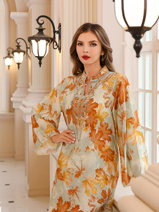 Maple Print Tie Dye Kaftan Dress Elegant Long Sleeve A Line Loose Dress Women Clothing 