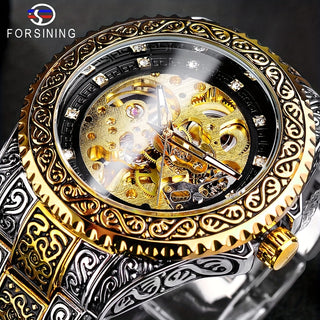 Forsining Luxury Men's Watch - Mechanical Design Skeleton Stainless Steel Antique Gold Tone with Rhinestone Accents, Not Water Resistant 