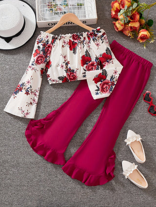 [2 Pieces] Romantic Floral Print Off Shoulder Blouse + Wide Leg Lettuce Pants - Perfect for Spring Fall Party and Holiday Gifts 