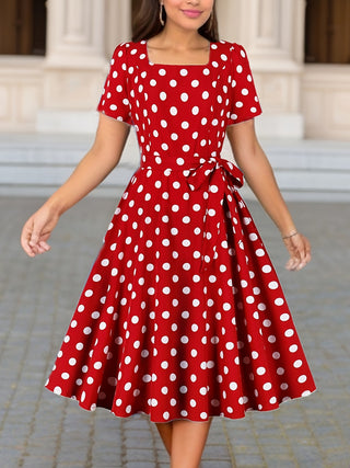 Polka Dot Print Square Neck Dress Elegant Belted Short Sleeve Spring Summer Dress Women Clothing 