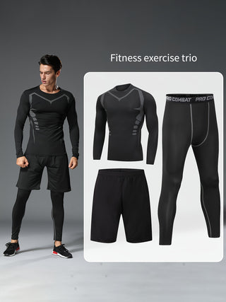 Men's 3 Piece Sports Suits Quick Dry Long Sleeve Sports Shirts + Comfortable Shorts + Compression Pants. 