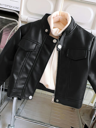 Kids' Comfortable Faux Leather Lining Jacket - Waterproof, Biker Style Zip Up Jacket for Boys and Girls, Perfect for Winter Outings 