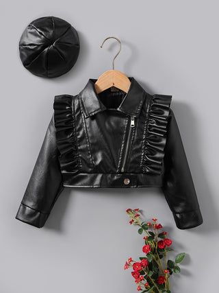 Girls Casual Faux Leather Ruffle Jacket and Hat Set Autumn Winter 